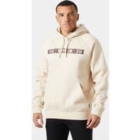 White Helly Hansen men's hoodie with front pocket, drawstrings, and subtle logo on chest, size small.