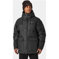 Black Helly Hansen men's down jacket, 2XL, with hood, front zipper, and logo on chest, worn by a model.