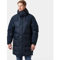 Navy Helly Hansen men's down parka, XL, with hood, front zipper, and quilted design.