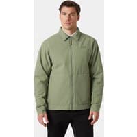 Green Helly Hansen men's insulated jacket with front zipper, collar, and two side pockets, size small.