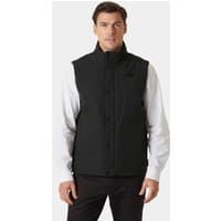 Black Helly Hansen men's insulated vest, sleeveless with front zipper and snap buttons, worn over a white shirt.