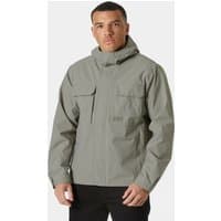 Grey Helly Hansen men's rain jacket, XL, with hood, front zipper, and two chest pockets.