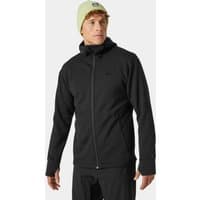 Black Helly Hansen men's hooded midlayer jacket, full zip, XL, with subtle logo on chest, worn by model.