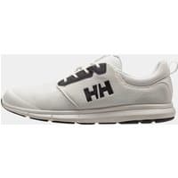 White Helly Hansen men's trainer shoe with black HH logo, mesh upper, and lightweight sole, size 8.5.