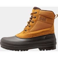 Brown Helly Hansen men's Fraser Mid winter boots, size 7.5, with lace-up front, padded collar, and rugged rubber sole.