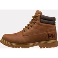 Brown Helly Hansen men's waterproof boots with padded ankle collar and rugged sole, featuring HH logo on the side.