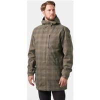 Brown Helly Hansen men's insulated jacket with hood, plaid pattern, chest zipper pocket, and side pockets.