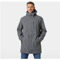 Grey Helly Hansen men's insulated jacket with hood, chest pocket, and front zipper, size 2XL.