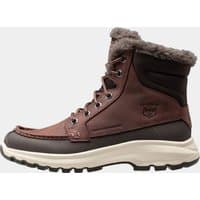 Brown Helly Hansen waterproof leather boots with fur lining, metal eyelets, and rugged sole, size 6.5.