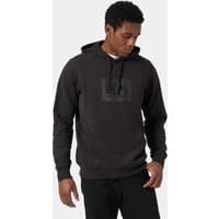 Black Helly Hansen hoodie with drawstring hood and front logo, size XS, worn by a model.