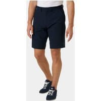 Navy Helly Hansen men's shorts, knee-length, with belt loops and side pockets, worn by a model.