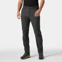 Grey Helly Hansen men's trousers, five-pocket design, straight fit, worn with hiking shoes.
