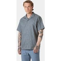 Navy short sleeve shirt with subtle pattern, button-up front, and relaxed collar.