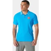 Blue Helly Hansen men's polo shirt with short sleeves, buttoned collar, and red logo on chest.