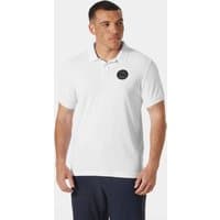 White Helly Hansen men's polo shirt with short sleeves, black logo on chest, and classic collar.