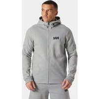 Gray Helly Hansen hooded jacket, full-zip, with black logo on chest, long sleeves, and side pockets, size XL.
