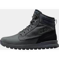 Grey Helly Hansen waterproof leather boots, lace-up, ankle-high, rugged sole, size 9, with HH logo on side.