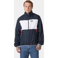 Navy Helly Hansen men's windbreaker with white chest panel, red accents, and front zipper, size L.