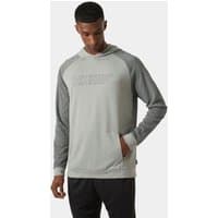 Gray Helly Hansen pullover hoodie with contrasting sleeves and front pocket, featuring subtle logo on chest.