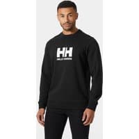 Black Helly Hansen crew sweatshirt with white logo on chest, ribbed cuffs and hem, worn by male model.