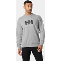 Grey Helly Hansen men's crew sweatshirt with black logo on chest, ribbed cuffs, and hem, size XL.