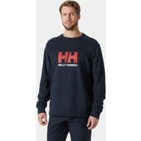 Navy Helly Hansen sweatshirt with red and white logo on chest, crew neck, long sleeves, size small.