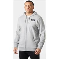 Grey Helly Hansen men's full-zip hoodie with logo on chest, drawstring hood, and ribbed cuffs.