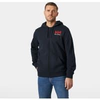 Navy Helly Hansen full-zip hoodie, red logo on chest, drawstring hood, front pockets, men's size XL.