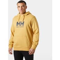 Beige Helly Hansen men's hoodie with large HH logo on chest, front pocket, and drawstring hood, size XL.