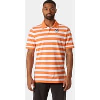 Orange and white striped Helly Hansen men's polo shirt with collar and logo on chest.