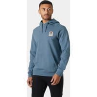 Navy Helly Hansen men's hoodie with graphic logo on chest, drawstring hood, and ribbed cuffs, size XL.