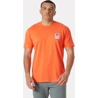 Orange Helly Hansen men's T-shirt with small chest graphic, short sleeves, crew neck, size S.