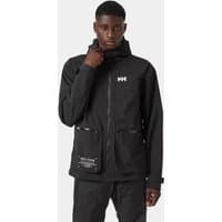 Black Helly Hansen men's hooded rain jacket, size XL, with front zipper, logo on chest, and two large front pockets.