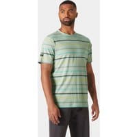 Green Helly Hansen men's T-shirt with horizontal stripes and logo on sleeve, size S.
