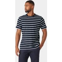 Navy Helly Hansen men's T-shirt with white horizontal stripes, crew neck, and short sleeves, worn by a male model.