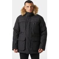 Black Helly Hansen men's winter parka with fur-lined hood, large front pockets, and zip closure, size XL.