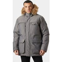Grey Helly Hansen men's parka with faux fur hood, large front pockets, and zip closure, size L.