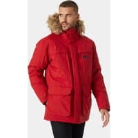 Red Helly Hansen men's winter parka with faux fur hood trim, large front pockets, and black logo on chest.