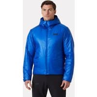 Blue Helly Hansen men's hooded jacket, quilted design, full zip, 2XL size, with logo on chest.