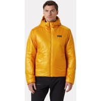 Yellow Helly Hansen men's hooded down jacket with front zipper and logo on chest, size M.