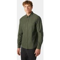 Green Helly Hansen men's organic cotton flannel shirt with long sleeves and button-up front.