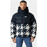 Navy Helly Hansen puffy jacket with white graphic pattern, hood, and front logo, size 2XL.