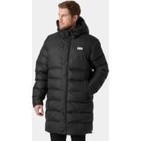 Black Helly Hansen men's puffy parka, 2XL, with hood, front zipper, and logo on chest.