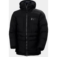 Black Helly Hansen men's puffy insulated jacket with hood, front zipper, and chest logo, size XL.
