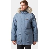 Navy Helly Hansen men's winter parka with faux fur hood trim, front pockets, and HH logo on chest, size 2XL.