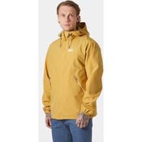 Beige Helly Hansen men's rain jacket, XL, with hood, front zipper, and logo on chest.
