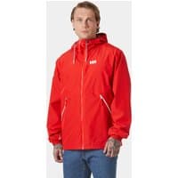 Red Helly Hansen men's rain jacket with hood, front zipper, and white logo on chest, size XL.