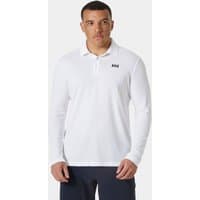 White Helly Hansen men's long-sleeve polo shirt with quick-dry fabric, small logo on chest, and buttoned collar.