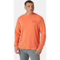 Orange Helly Hansen men's long sleeve tee with graphic logo on chest, crew neck, and relaxed fit.