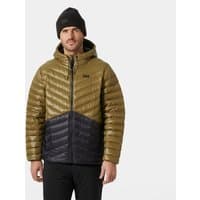 Brown Helly Hansen men's Stowe down jacket, quilted design, hooded, with black accents, size XL.